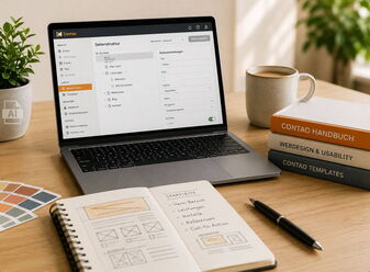 Laptop, Bücher, Notizblock und Kaffeehäferl